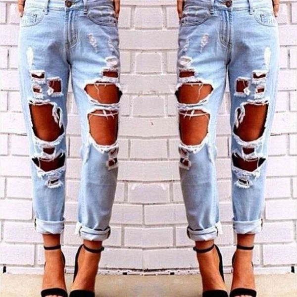 

trendy spring summer women capris slim hole destroyed ripped distressed boyfriend denim jeans trousers, Black;white