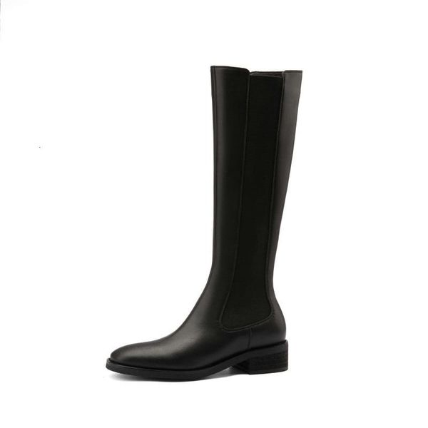 

boots lenkisen equestrian split leather stretch classic colors round toe thick med heel zipper pretty girls knee-high l60 7ev1, Black
