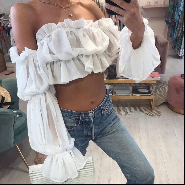 

chiffon long puff sleeve women shirt off shoulder crop loose casual shirts fashion dropshipping, White