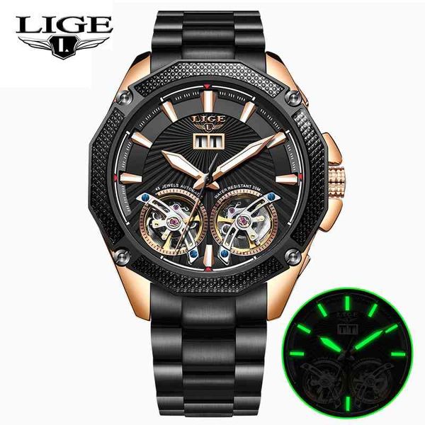 

lige 100m waterproof men watch luxury automatic mechanical wrist watch men stainless steel date watch relogio masculino 210527, Slivery;brown