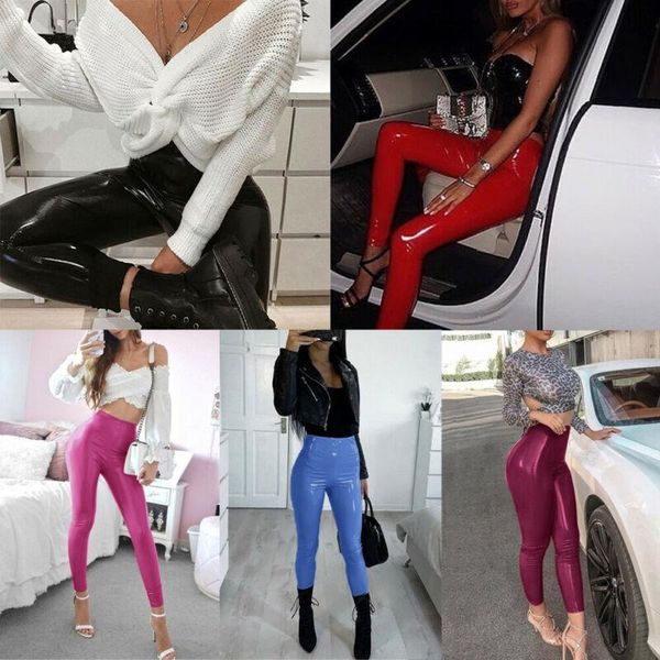 

women's pants & capris 2021 women wet look stretchy slim thin long fashion solid red pu faux leather skinny gothic leggings pencil trou, Black;white