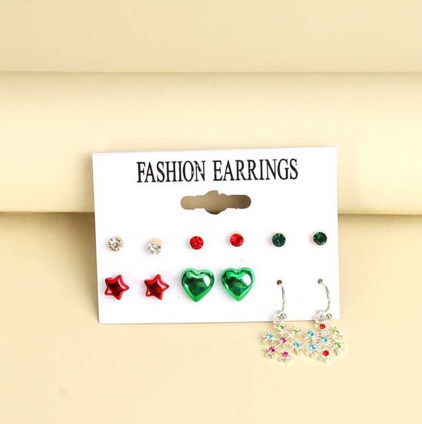 

stud christmas earrings women's crown hat flower ring bell snow six pairs set, Golden;silver