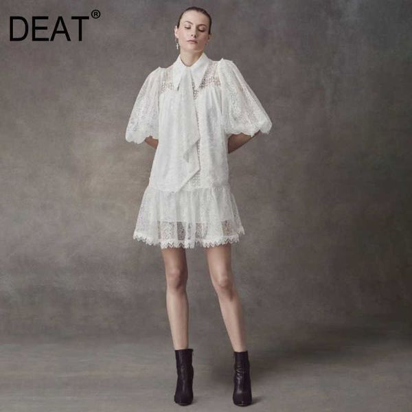 

[deat] lapel collar solid color lantern short sleeve lace knee length dress mall goth fashion women clothing summer 210527, Black;gray