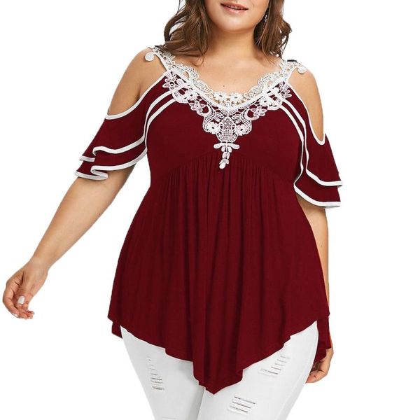 

plus size t-shirt lotus leaf woman t shirt hollow strapless summer solid color irregular hem contrasting v neck stitching ladies, Black