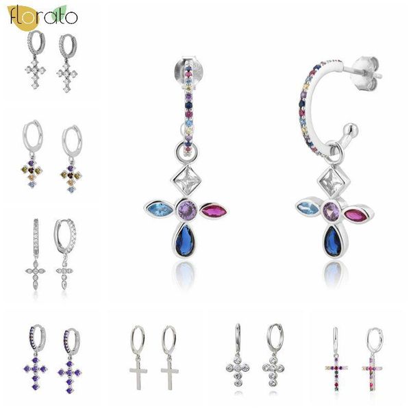 

hoop & huggie 925 sterling silver earrings gold color cross rainbow cz zircon small circle for women fine jewelry gifts, Golden;silver