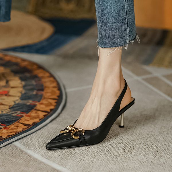 

luxury dress shoes 2021 horsetail button baotou sandals fairy style summer thin heel pointed high heels back empty single shoe temperament, Black