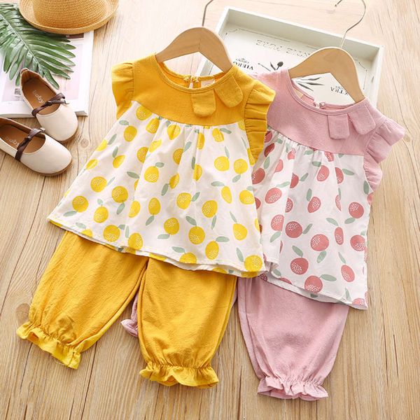 

girls' suit summer round neck small flying sleeve printed children's casual knickerbockers, White