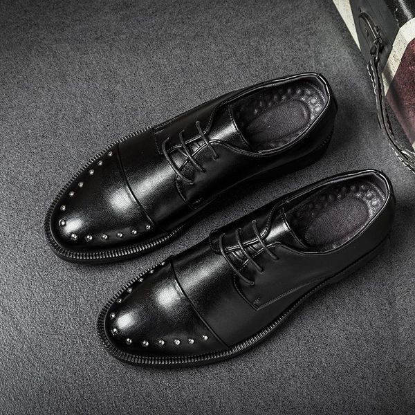 

dress shoes yomior fashion men casual formal leather vintage rivet pointed toe lace-up oxfords office italian banquet loafers, Black