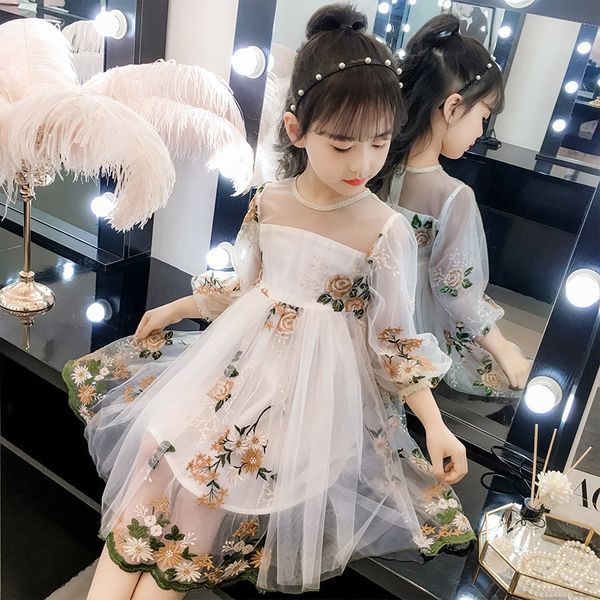 

childrens clothing 2022 girls spring and autumn embroidered mesh princess dress performance costume, White;black