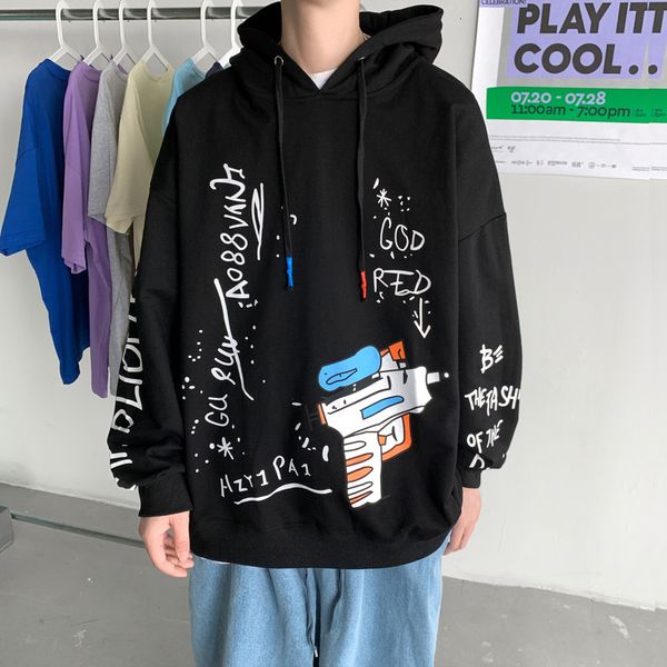 

men's hoodies & sweatshirts casual cotton vintage male hoodies printed hip hop creativity graffiti fashion sweatshirts loose stree, Black