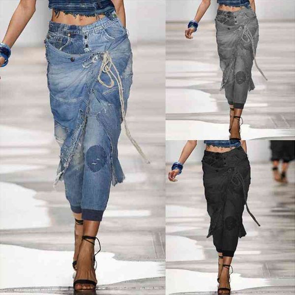

ripped jeans for women lace up fashion solid mid waist denim trousers casual loose hip-pop streetwear jean pants plus size, Black;white