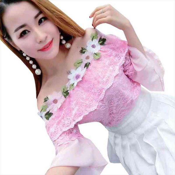 

women summer mesh shirt sweet floral lace blouse female slash neck short sleeve blouses blusas bottoming short ab848, White