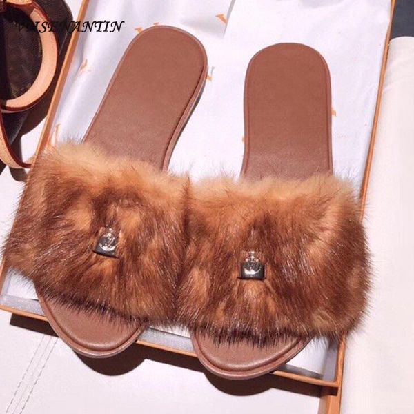 

chic furry casual out wearing woman slippers white blue pink rose red coffee flat slipper designer brand shoes for autumn winter, Black