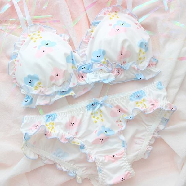 

underwear set women cute japanese bra & panties set wiresoft underwear sleep kawaii lolita color white bra and panty set, Red;black