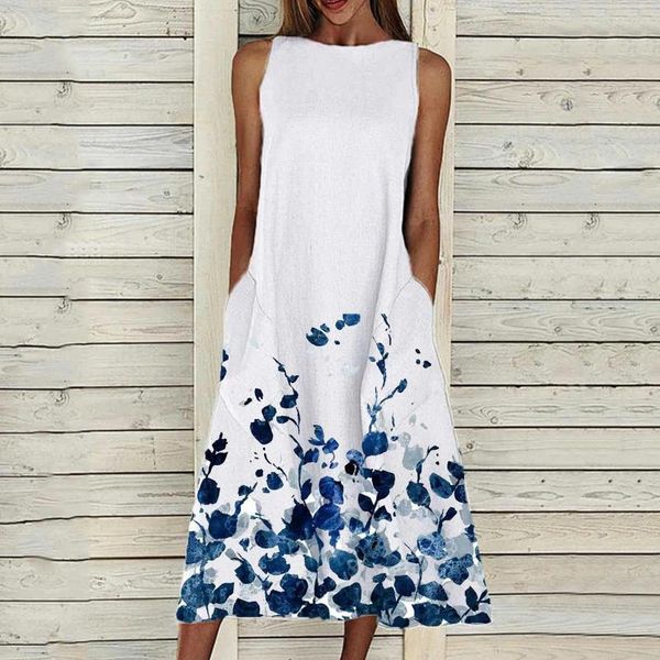 

casual dresses women's summer dress boho o neck sleeveless big swing pocket print beach holiday maxi elegant, Black;gray