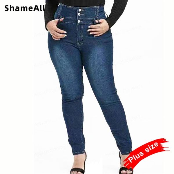 

plus size button up slim skinny dark blue full length jeans 4xl 5xl women high waist stretch thin denim pants lady trousers 210629