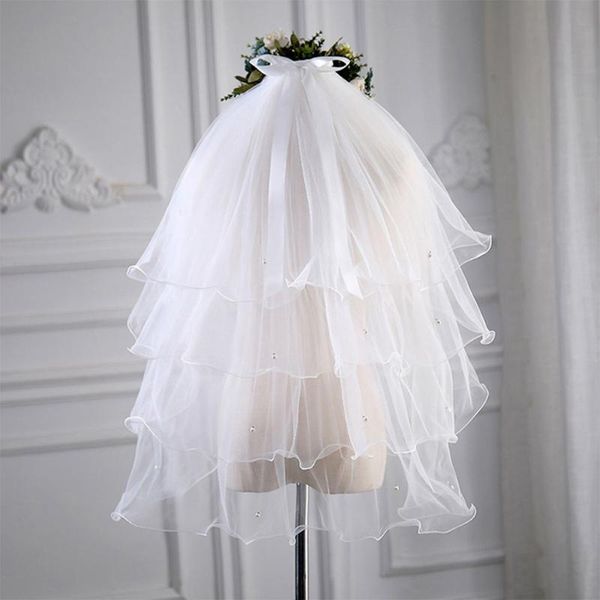 

bridal veils 4 tier wedding veil with comb embellished pearls bow ribbon adornment fingertip length curly edge tulle, Black