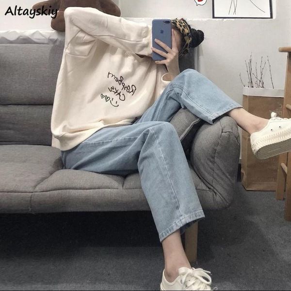 

women jeans full length denim casual vintage loose straight high waist students streetwear all-match simple retro trendy ulzzang women', Blue