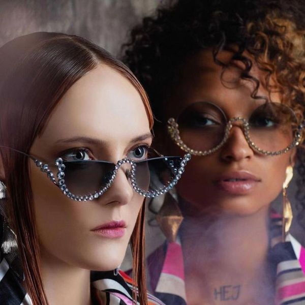 

sunglasses vintage fashion luxury diamond women crystal rhinestone half frame brand designer punk travel sun glasses for female, White;black