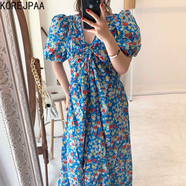 

korejpaa women dress korean fashion chic summer vintage little daisy v collar rope tie with ruffled bubble sleeve vestido 210526, Black;gray