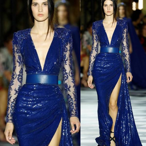 Sparkly Royal Blue Formal Formate вечерние платья русалки блестки блестки глубокие V шеи кружева полные рукава длительное особое случаи платья сексуальное боковое платье выпускного вечера