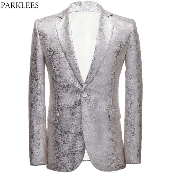 Parlak Gümüş Brocade Suit Ceket Erkek Marka Bir Düğme Yaka Smokin Elbise Blazers Erkekler Slim Fit Düğün Parti Kostüm Homme 210522