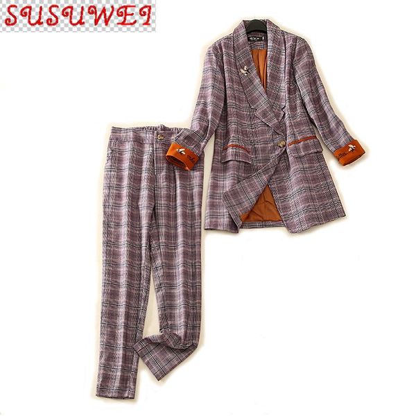 

autumn and winter professional women's pants two-piece suit casual elegant butterfly embroidery ladies jacket check trousers two piece, White