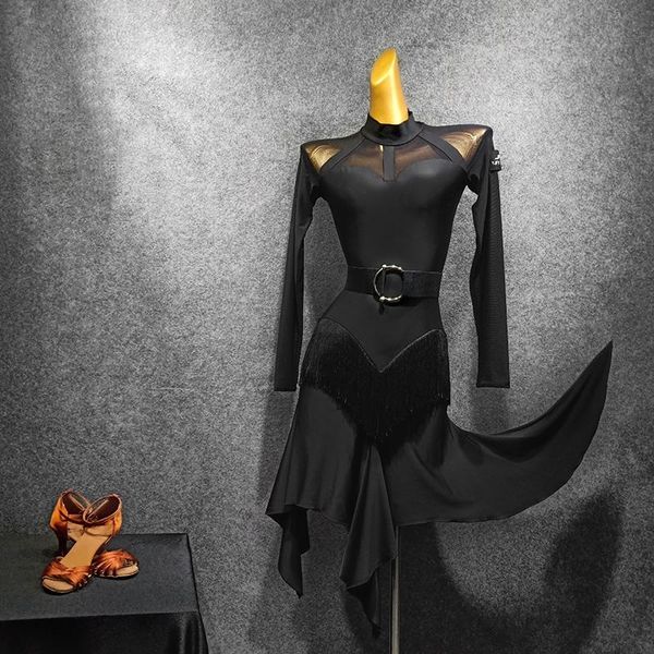 

casual dresses irregular latin dance dress with belt women practice wear samba cha tango long sleeve autumn fashion ballroom cloth, Black;gray