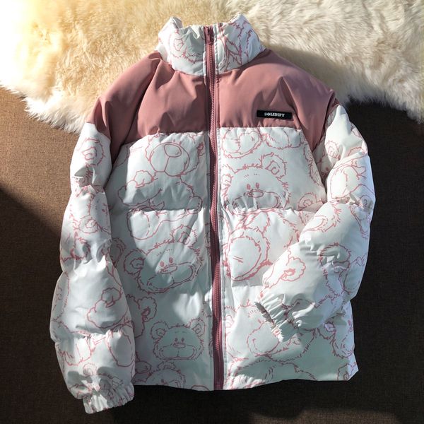 

fashion cartoons printed cotton down windbreaker jacket zip coats jackets winter women warm thicken outwear loose parka coat, Black
