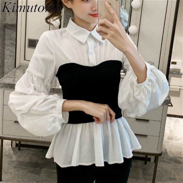 

kimutomo casual patchwork blouse women turn-down collar slim waist puff sleeve shirt ladies fake two piece outwear fashion 210521, White