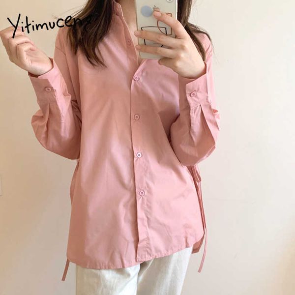 

yitimuceng casual blouse woman oversize loose fashion lace up long sleeve simple shirt solid white pink spring summer 210601