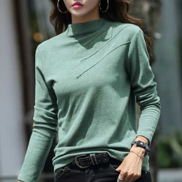 

t-shirts fashion woman autumn solid long sleeve t shirt women casual stand collar cotton t-shirt women tshirt c119 210602, White