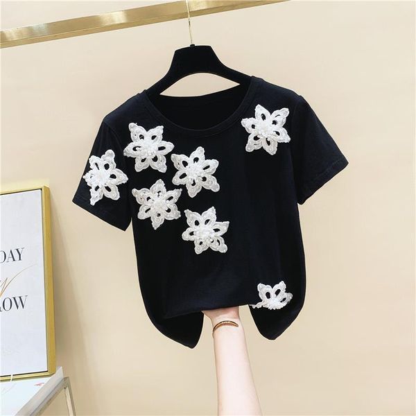 

women's t-shirt three dimensional flower stitching loose short sleeve 2021 summer design feeling, White