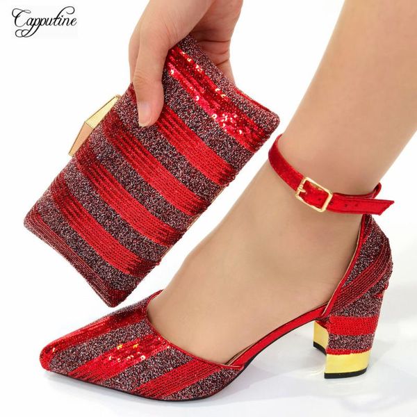 

dress shoes luxury red woman pumps and bag set with sequins african fashion ladies high heels handbag match clutch cr670 height 7.8cm, Black