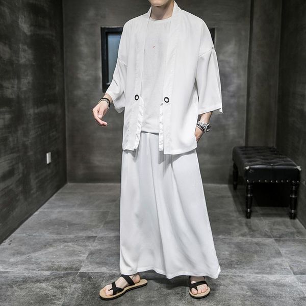 

men's tracksuits chinese style casual loose elegant light and thin sunscreen suit youth cardigan plus size summer retro two-piece, Gray