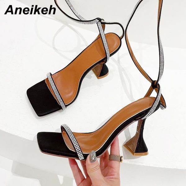 

sandals aneikeh fashion summer women's shoes cross-tied butterfly-knot pu spike heels 2021 sandalias mujer bling party polka dot lace-u, Black