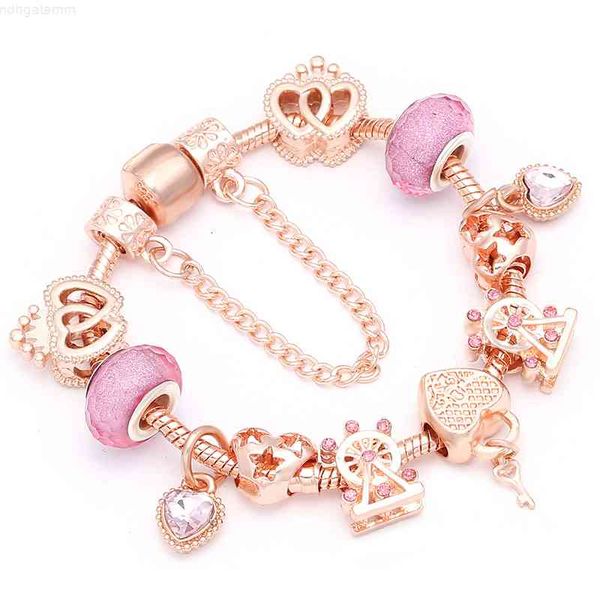 

baopon new heart key pendant rose gold color fine bracelets & bangles ferris wheel beads charm bracelet for women jewelry gift, Red;brown