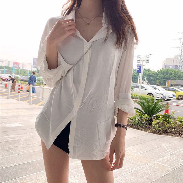 

summer sunscreen casual basic office lady regular minimalist chic high street loose women solid blouses 4 colors 210421, White