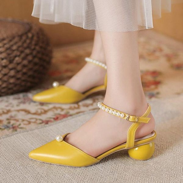 

sandals woman string bead pointed toe ankle strap dress shoes pearls round heeld sandalias mujer 2021 summer 9153l, Black