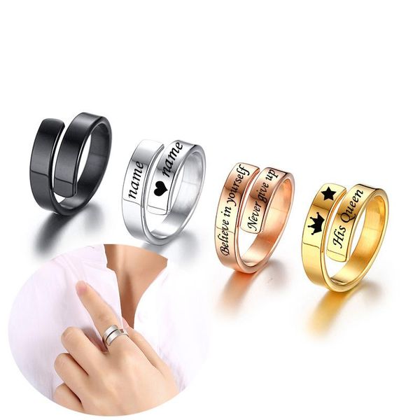 

cluster rings personalized engraved name stainless steel custom positive inspirational quote cuff mantra ring for women friend gifts, Golden;silver