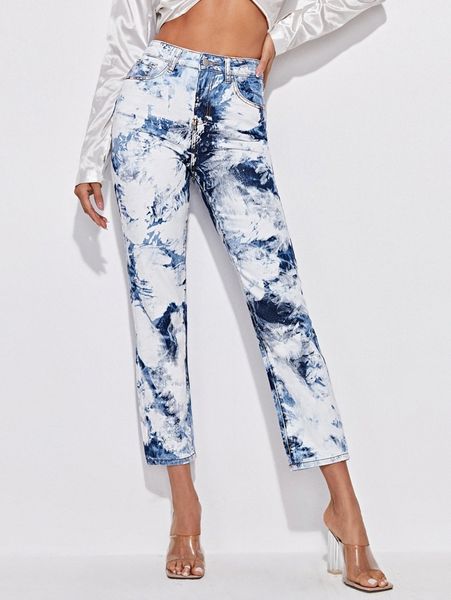 

high waist tie dye cropped jeans 11px#, Blue