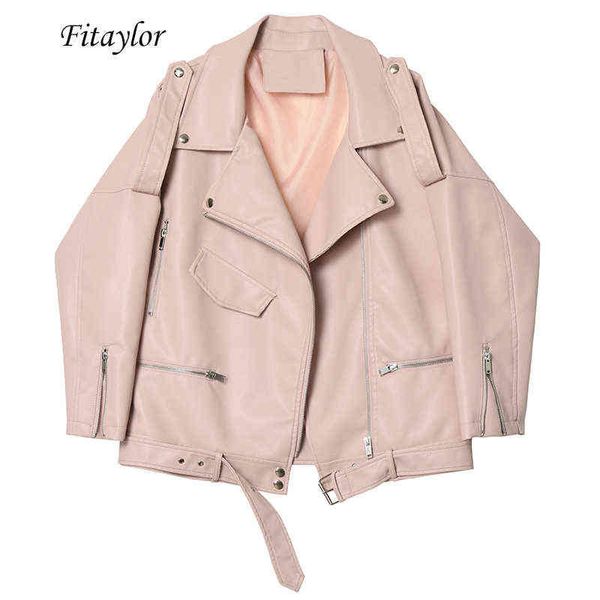 

fitaylor autumn women faux soft leather loose jacket coat turndown collar zipper pu motorcycle overcoat female rivet punk jacket 211118, Black