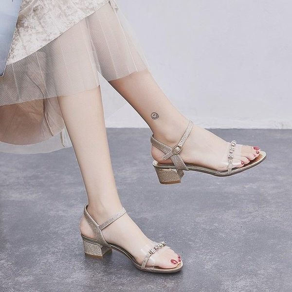 

sandals bling gold silver shine women shoes woman 2021 summer female buckle strap thick middle heels ladies, Black