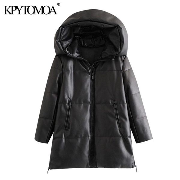 

women fashion thick warm winter faux leather parkas coat vintage hooded long sleeve female outerwear chic overcoat 210416, Black
