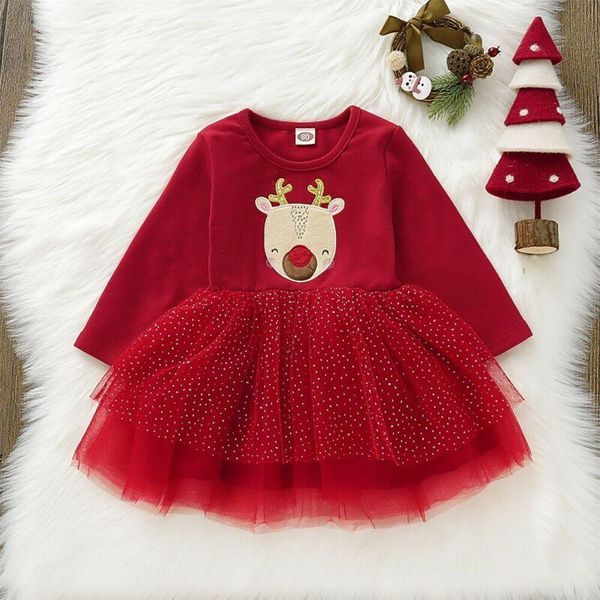 

girl's dresses emmababy 2021 xmas red deer dress for toddler kid baby girl christmas long sleeve cotton+ lace tutu casual party clothes, Red;yellow