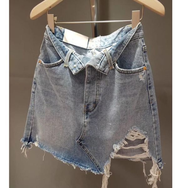 

skirts [ewq] 2021 summer crimping short mini denim skirt classic vintage worn out high waist trendy blue women qv12405, Black