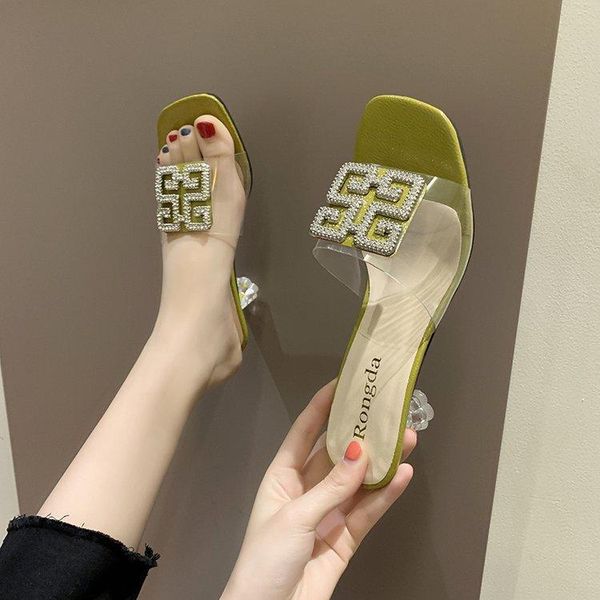 

slippers slipper women's 2021 summer square head spool heels transparent upper sequined open toe wear shoes, Black