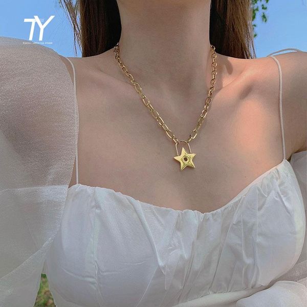

pendant necklaces design sense titanium steel star lock gold necklace for woman 2021 korean fashion jewelry neo gothic girl's clavicle, Silver