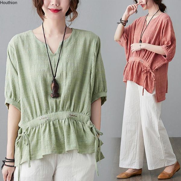 

women's blouses & shirts houthion cotton short sleeve plus size shirt solid korean casual fashion chiffon blouse, White