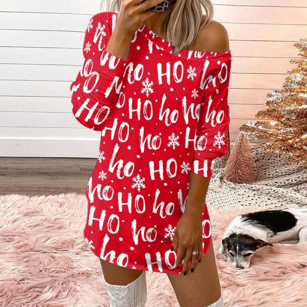 

casual dresses 40# letter prints shirt merry christmas women off shoulder mini dress long sleeves o-neck pullover vestidos, Black;gray